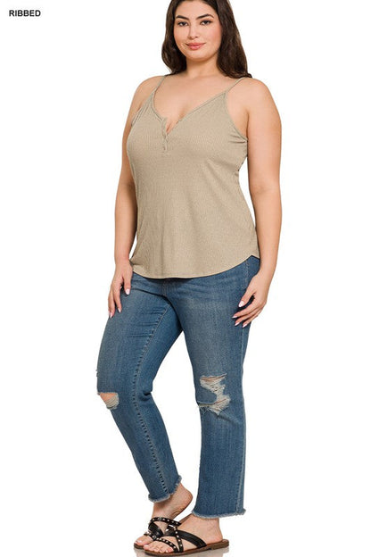 ZENANA Plus Ribbed Half Snap Button Closure Cami Top