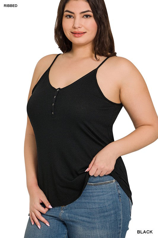 ZENANA Plus Ribbed Half Snap Button Closure Cami Top