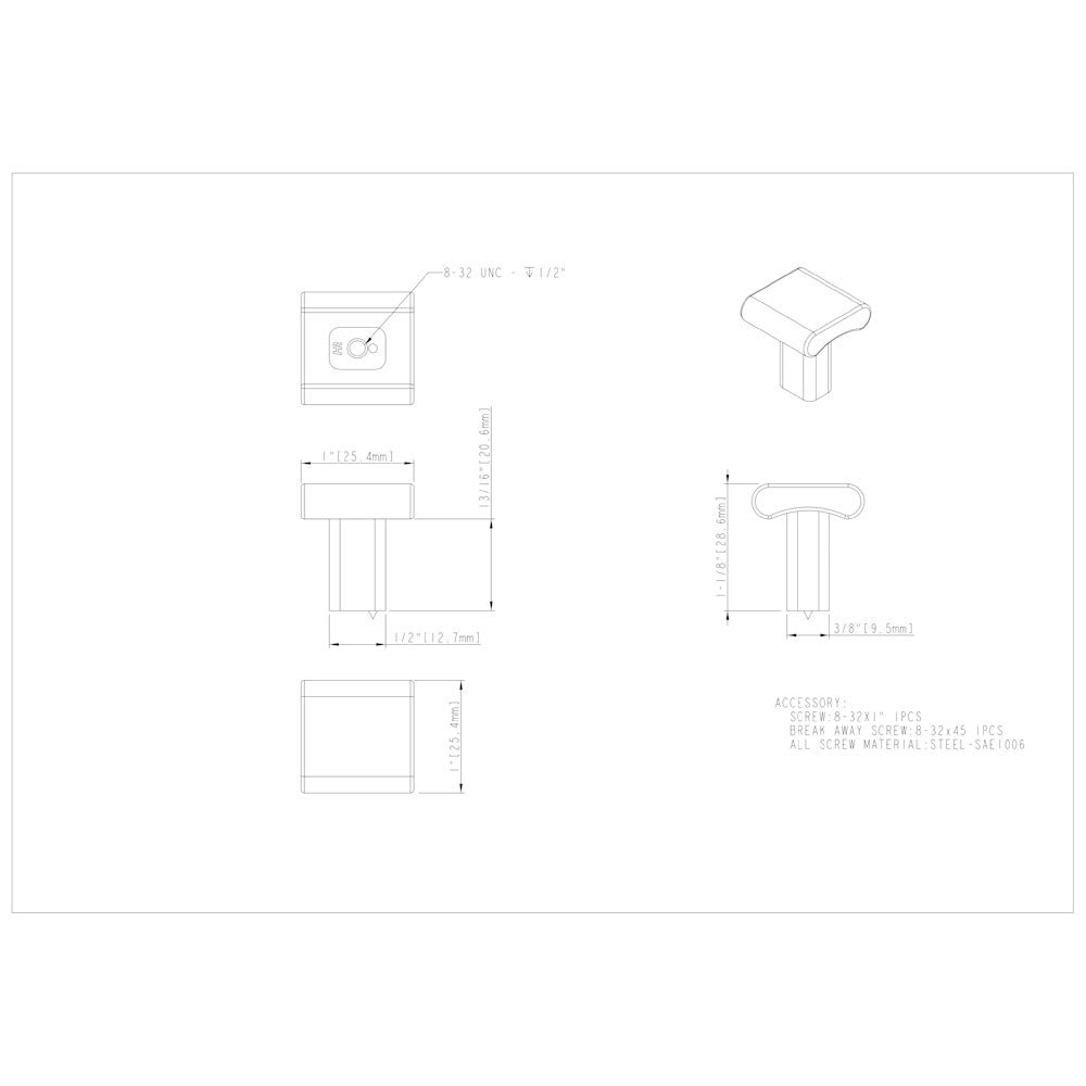 1" Overall Length Satin Nickel Square Park Cabinet Knob