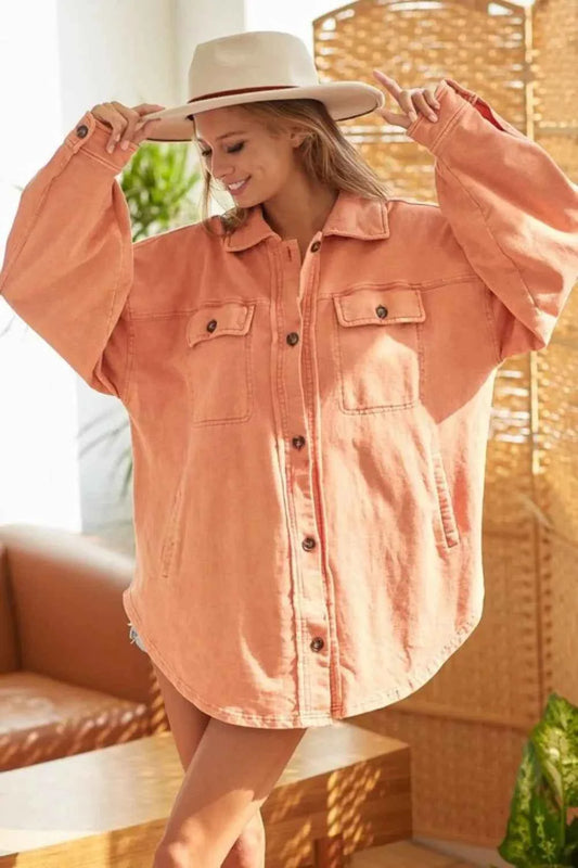 BiBi Washed Button Up Shacket with Chest Pockets for Women Women's Jacket