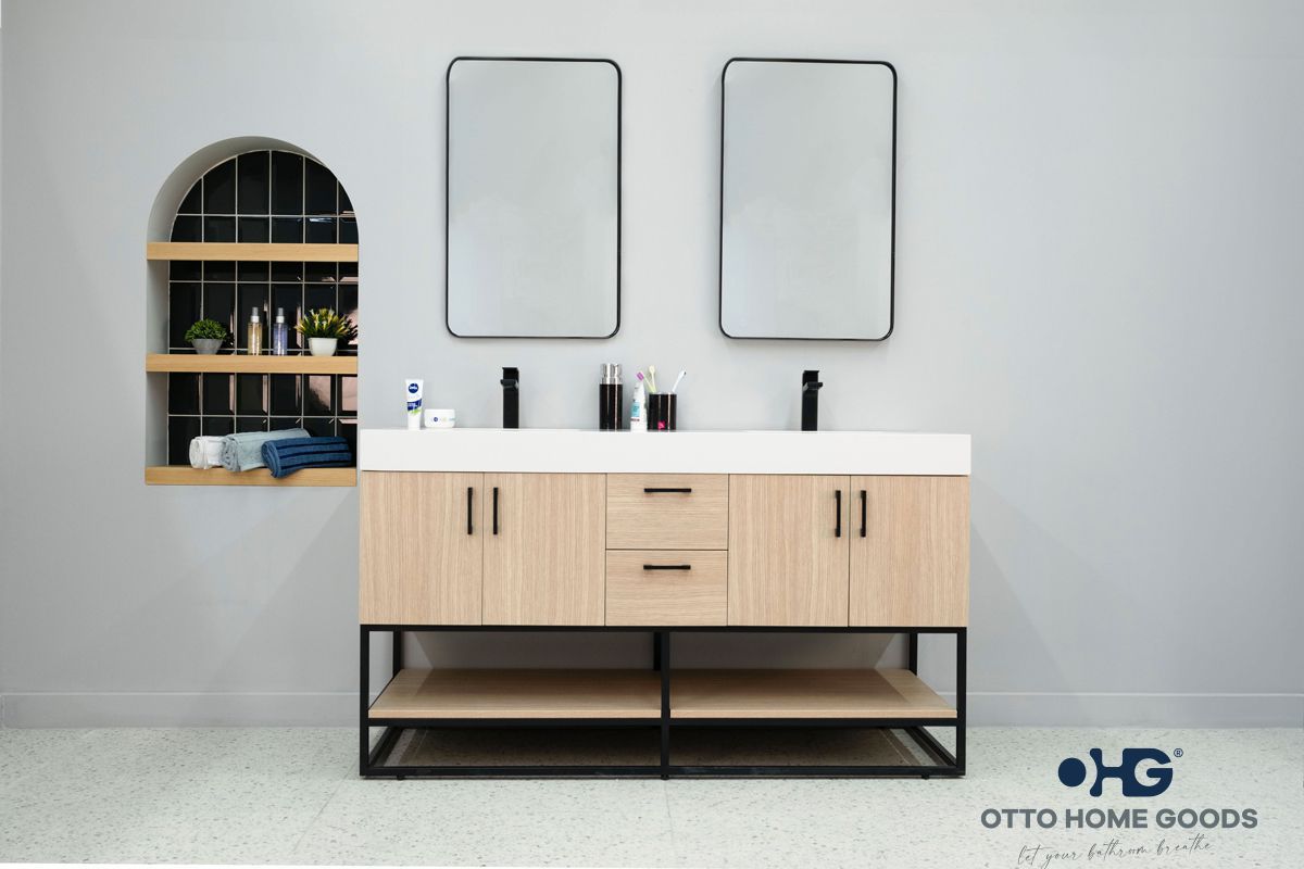 Solana Natural Oak 60" Double Bowls Bathroom Cabinet