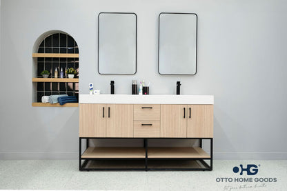 Solana Natural Oak 60" Double Bowls Bathroom Cabinet