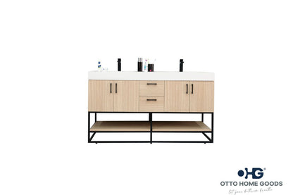 Solana Natural Oak 60" Double Bowls Bathroom Cabinet