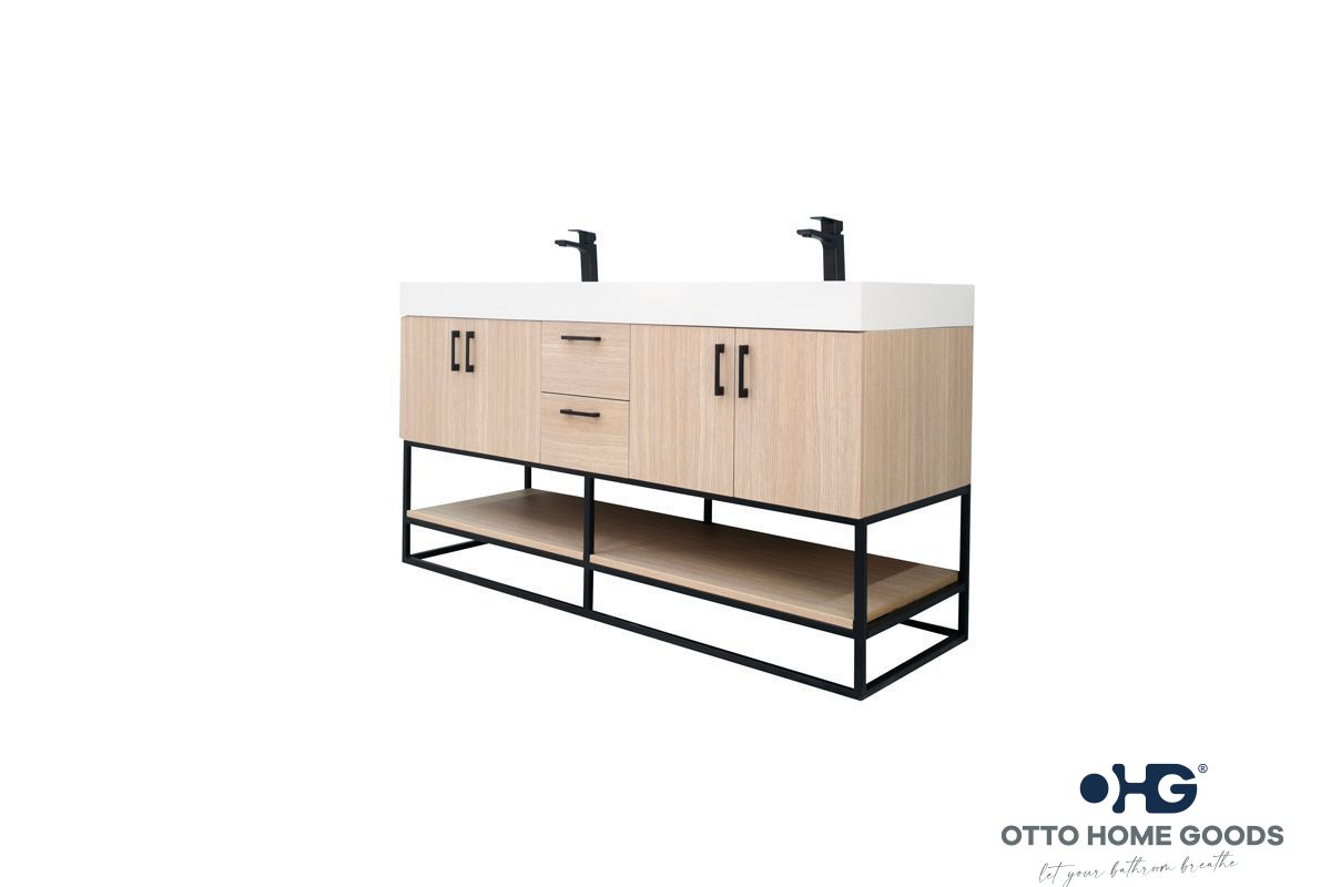 Solana Natural Oak 60" Double Bowls Bathroom Cabinet