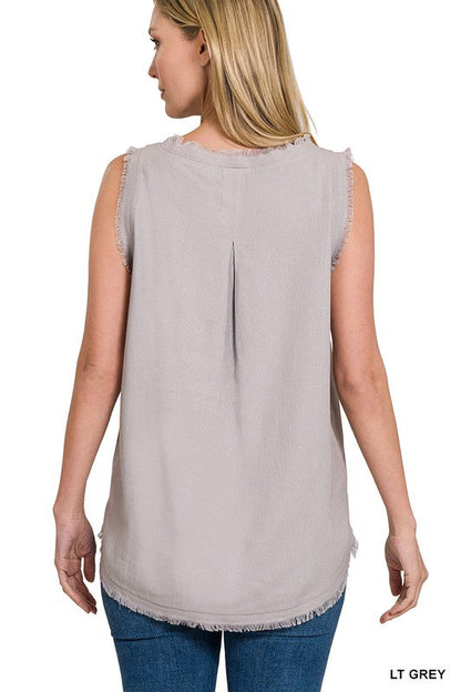 ZENANA Linen Pre-Washed Frayed Edge V-Neck Sleeveless Top
