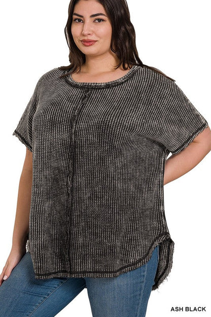 ZENANA Plus Washed Baby Waffle Short Sleeve Top