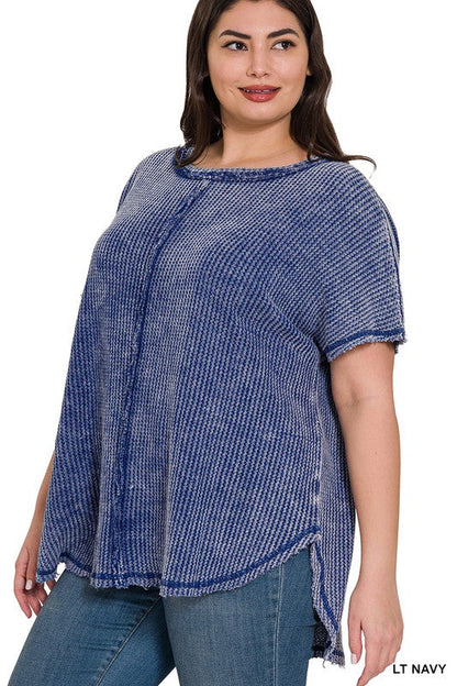 ZENANA Plus Washed Baby Waffle Short Sleeve Top