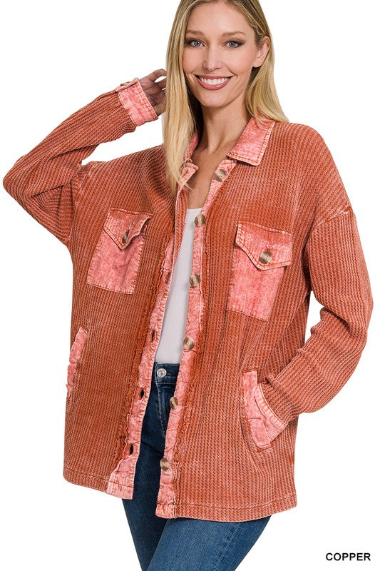 ZENANA Cotton Waffle Acid Wash Shacket