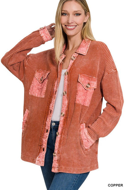 ZENANA Cotton Waffle Acid Wash Shacket
