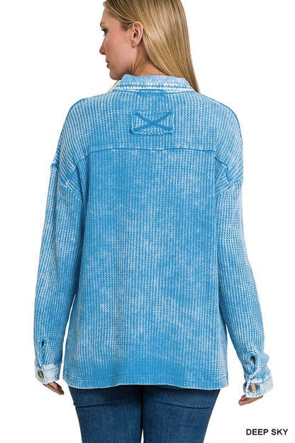 ZENANA Cotton Waffle Acid Wash Shacket