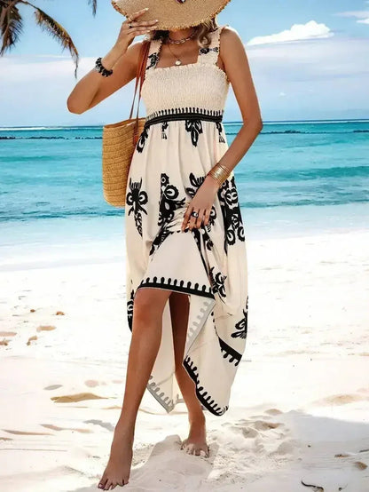 Black Boho Print Smocked Ruffle Sleeveless Maxi Dress