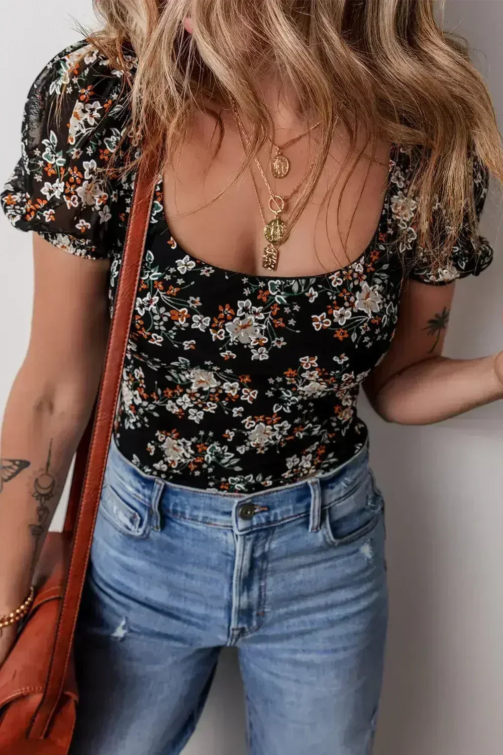 Floral Print Puff Sleeve U-Neck Bodysuit Black - Femstylo