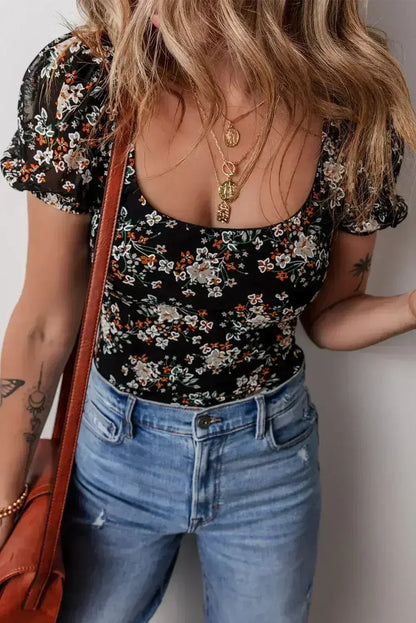 Floral Print Puff Sleeve U-Neck Bodysuit Black - Femstylo