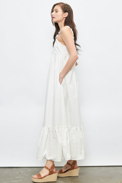 Ruffle Strap Long Dress with tie Back Detail