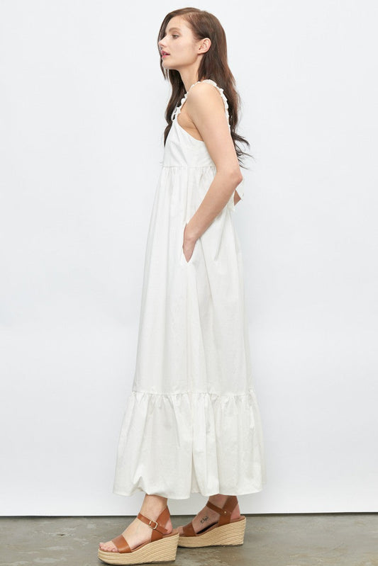 Ruffle Strap Long Dress with tie Back Detail