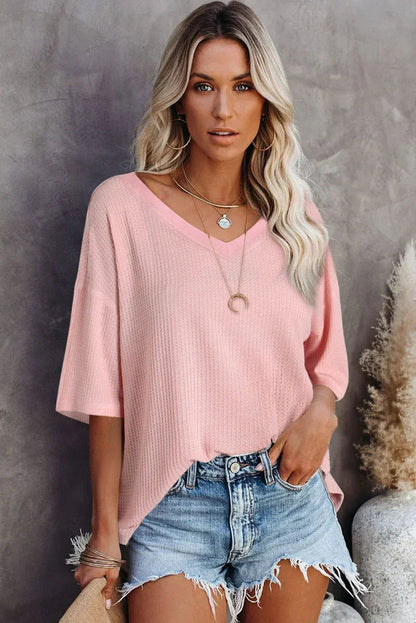 White Waffle Texture V Neck Drop Shoulder Loose Tee