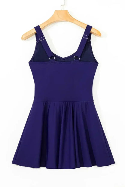 Navy Blue Adjustable Straps Cutout Ruched Knot Slit One Piece Swim Dress