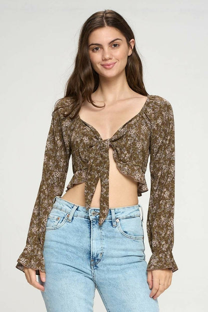 Tie Front Long Sleeve Crop Cardigan Ditsy Floral | Apparel | Kitchen + Metal