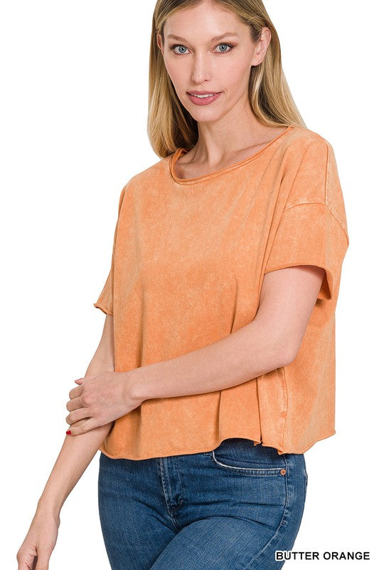 ZENANA Acid Wash Raw Edge Short Sleeve Crop Top