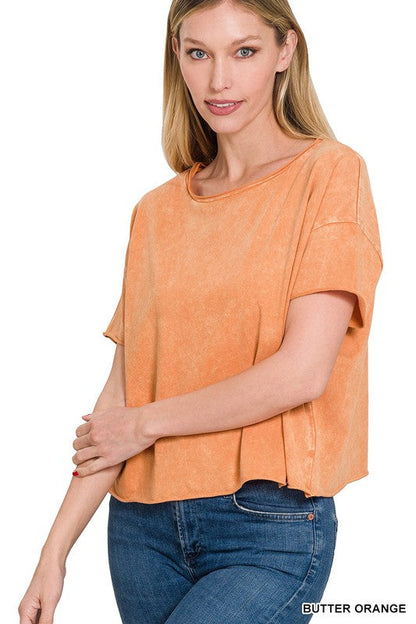 ZENANA Acid Wash Raw Edge Short Sleeve Crop Top