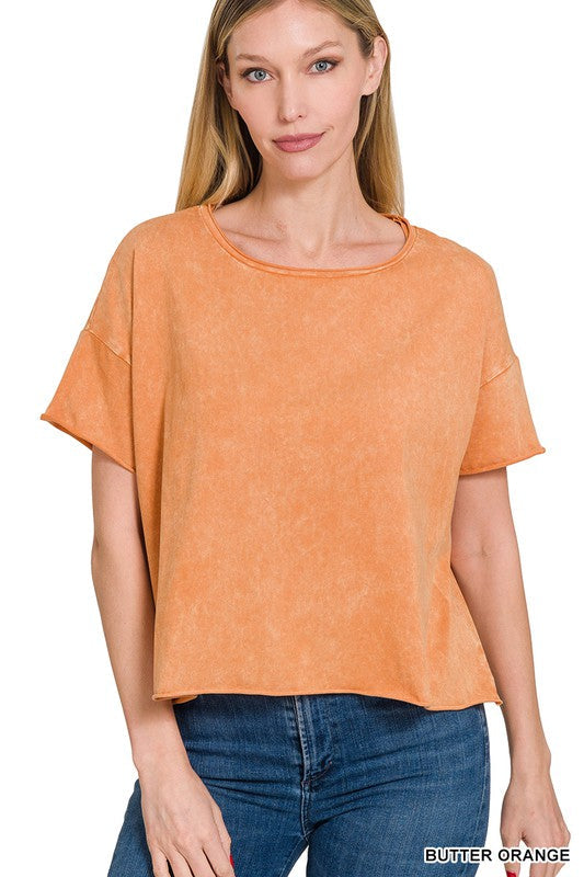 ZENANA Acid Wash Raw Edge Short Sleeve Crop Top