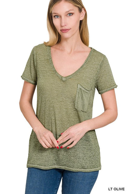 ZENANA Washed Melange Burnout Scoop V-Neck Top