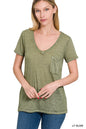ZENANA Washed Melange Burnout Scoop V-Neck Top