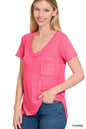 ZENANA Washed Melange Burnout Scoop V-Neck Top