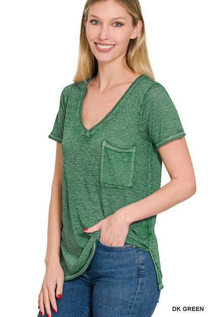 ZENANA Washed Melange Burnout Scoop V-Neck Top