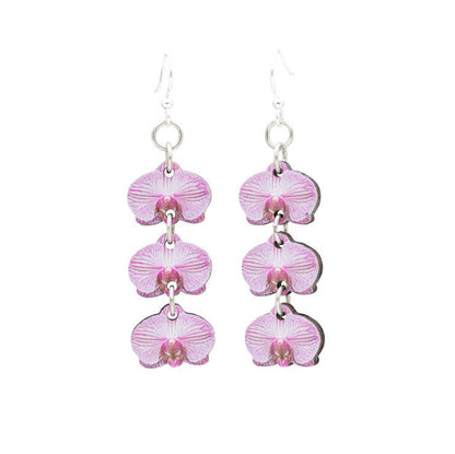 Pink orchid earrings on a white background