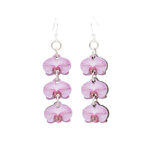 Pink orchid earrings on a white background