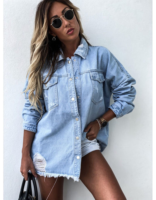 Mid-Length Loose Hole Batwing Sleeve Boyfriend Boyfriend Denim Shacket Top Outerwear