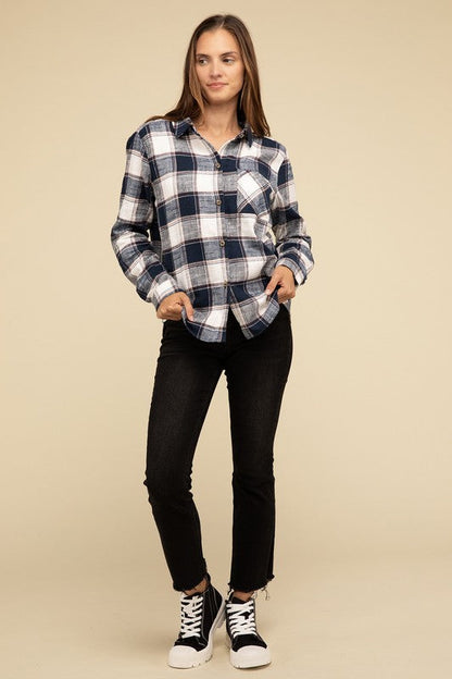 ZENANA Cotton Plaid Shacket With Front Pocket
