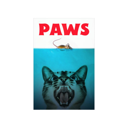 Poster of a cat underwater with a mouse above water, featuring the word 'PAWS'.