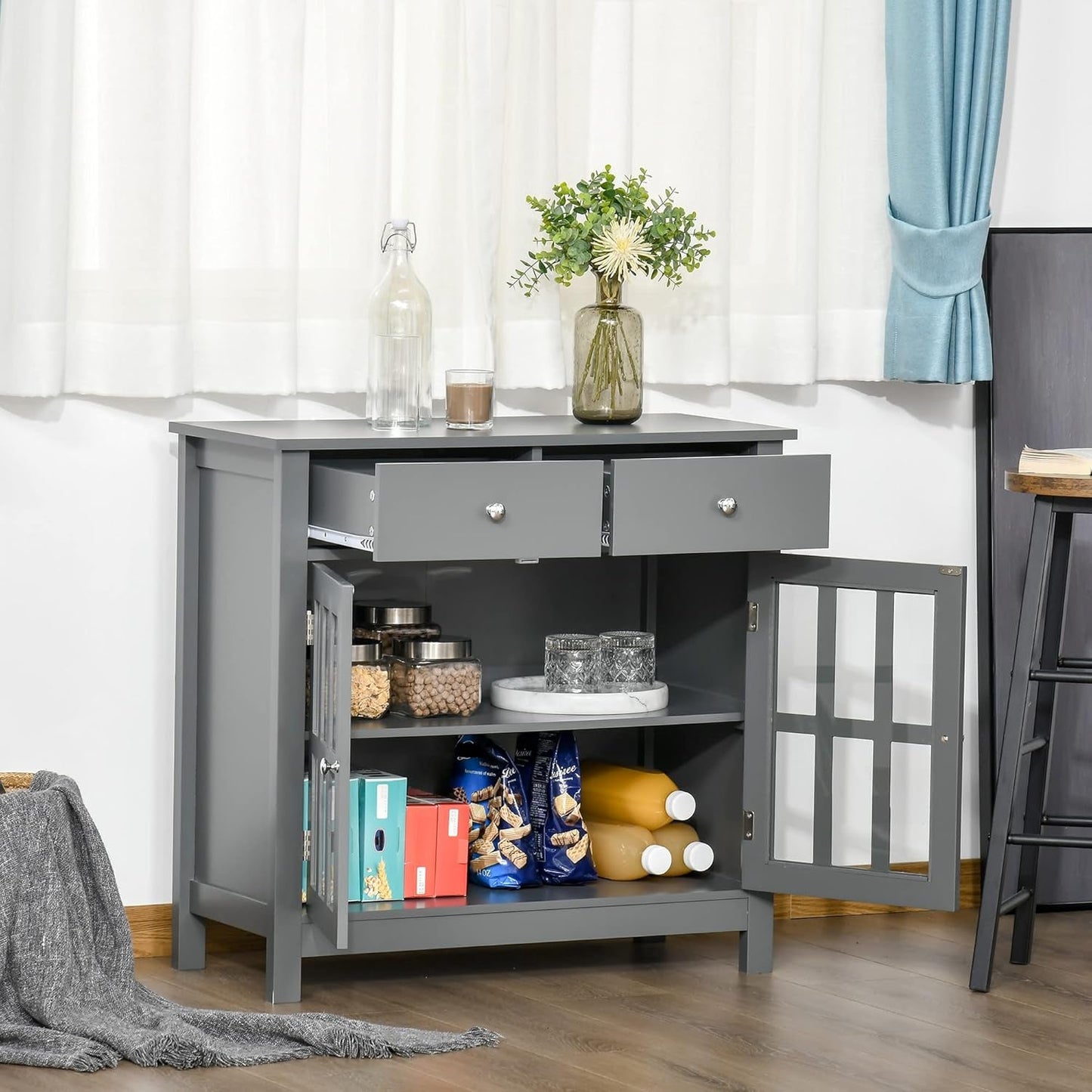 Gray Glass Door Kitchen Cabinet with Drawers | Home Decor | Kitchen + Metal