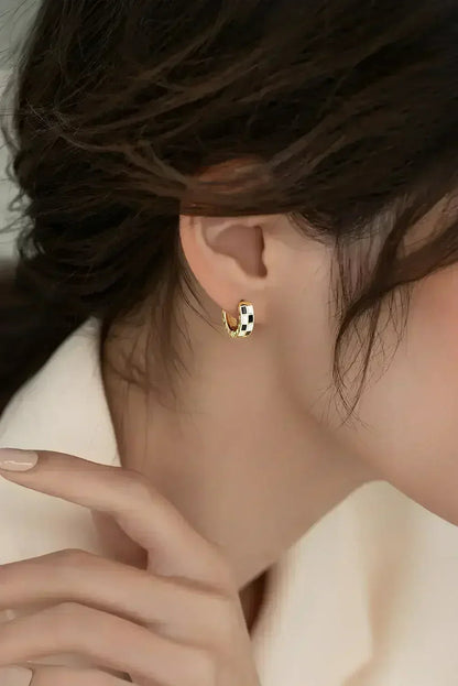 Gold Checkerboard Hoop Earrings | Plaid Design Copper Hoops - Femstylo