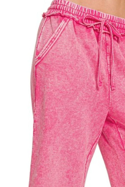 Zenana Washed French Terry Palazzo With Pockets in Pink