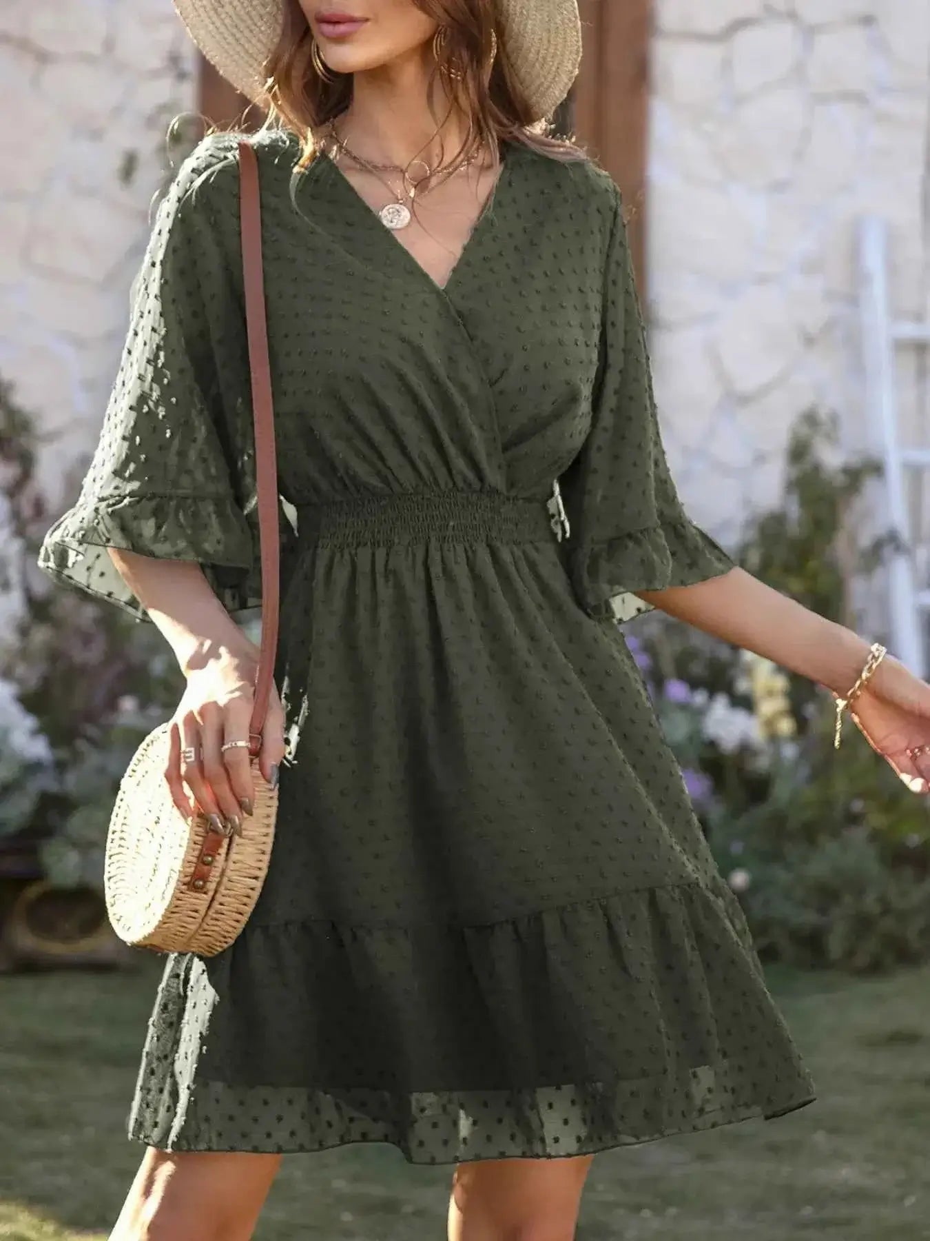 Swiss Dot Dress with Flare Sleeves - Mini Wrap Style