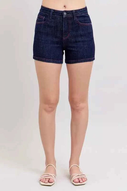 Judy Blue Plus Size High Waist Denim Shorts with Heart Shaped Pockets & Red Contrast Thread