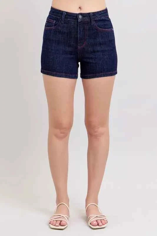 Judy Blue Plus Size High Waist Denim Shorts with Heart Shaped Pockets & Red Contrast Thread