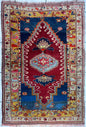 Hand-Knotted Antique Turkish Melas Wool Rug – 4'3" x 5'11" – Vibrant Geometric Motifs
