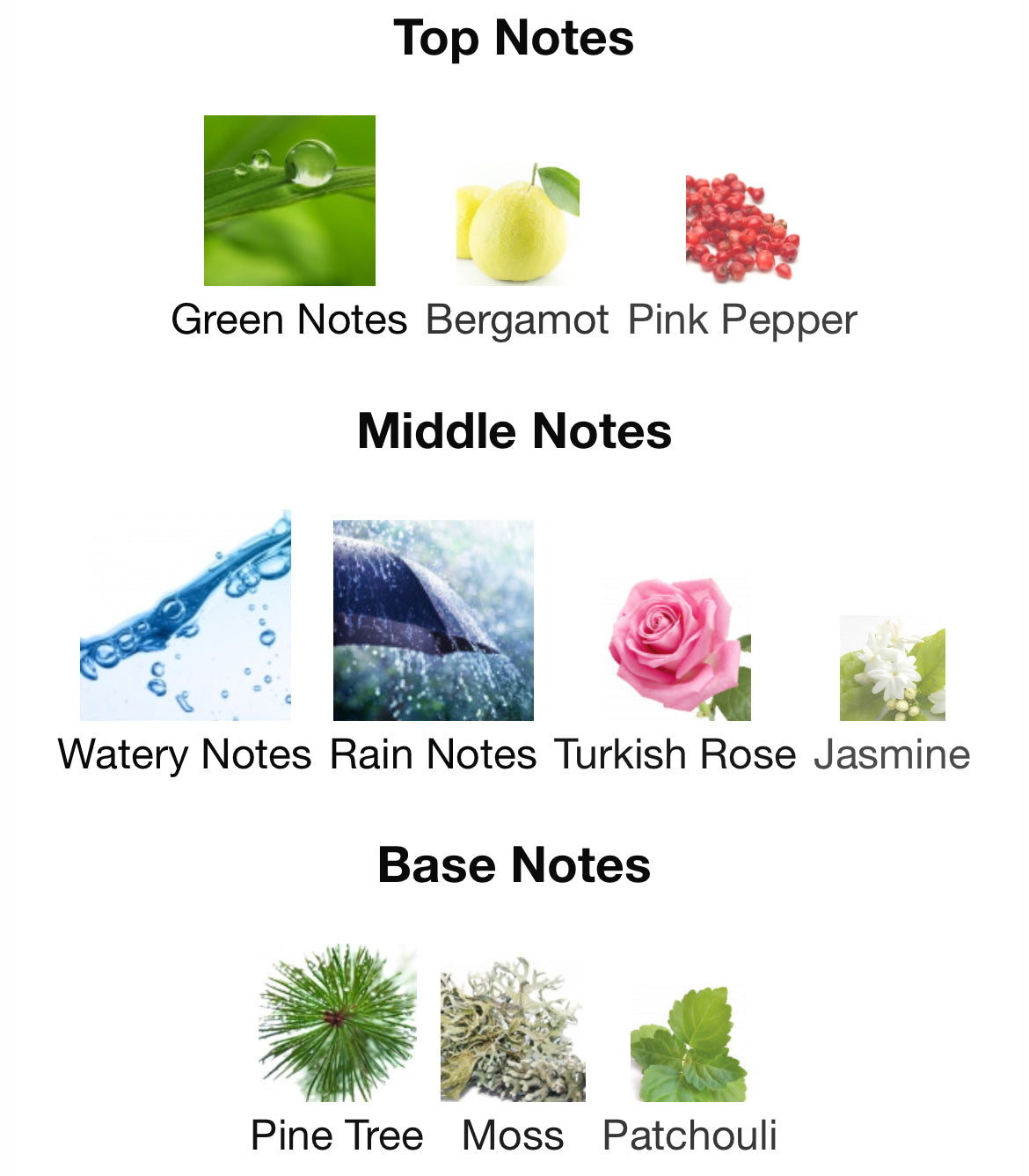 Diagram of top, middle, and base notes with corresponding images and names.