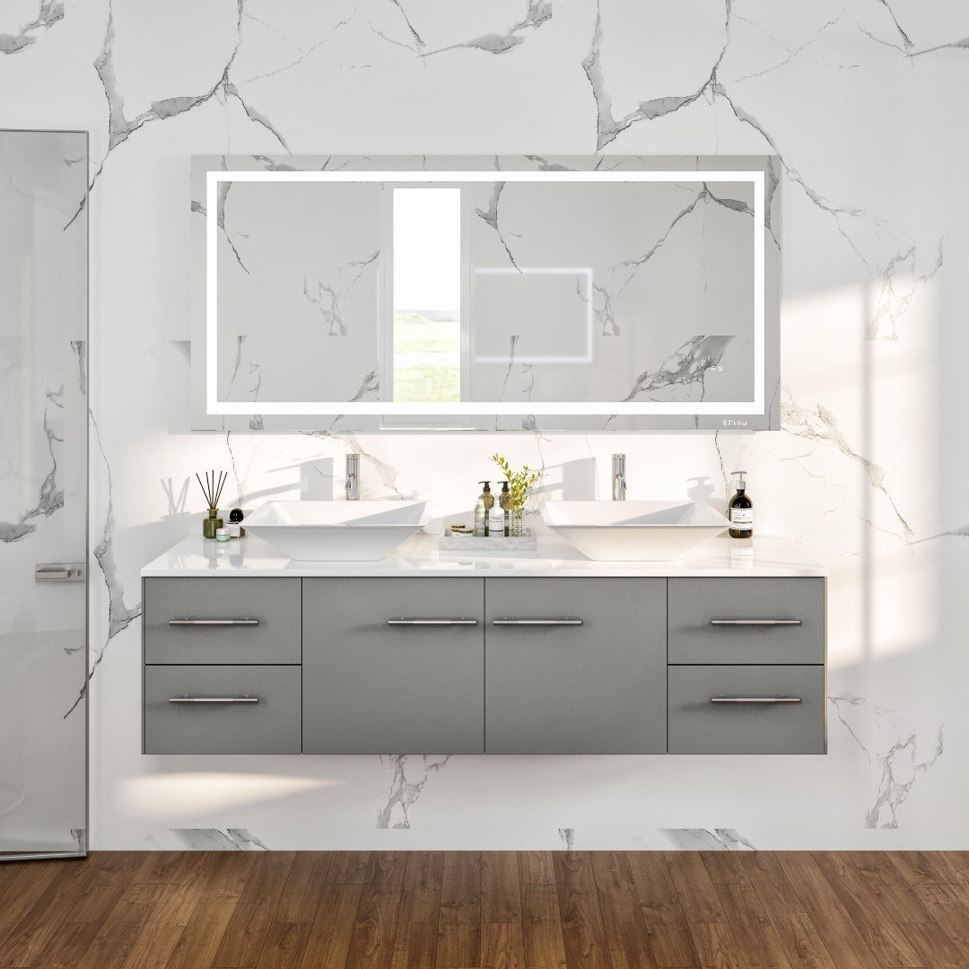 Eviva Wave Wall Mount Bath Vanity with White Quartz Top and Vessel Porcelain Sink (24"-72")