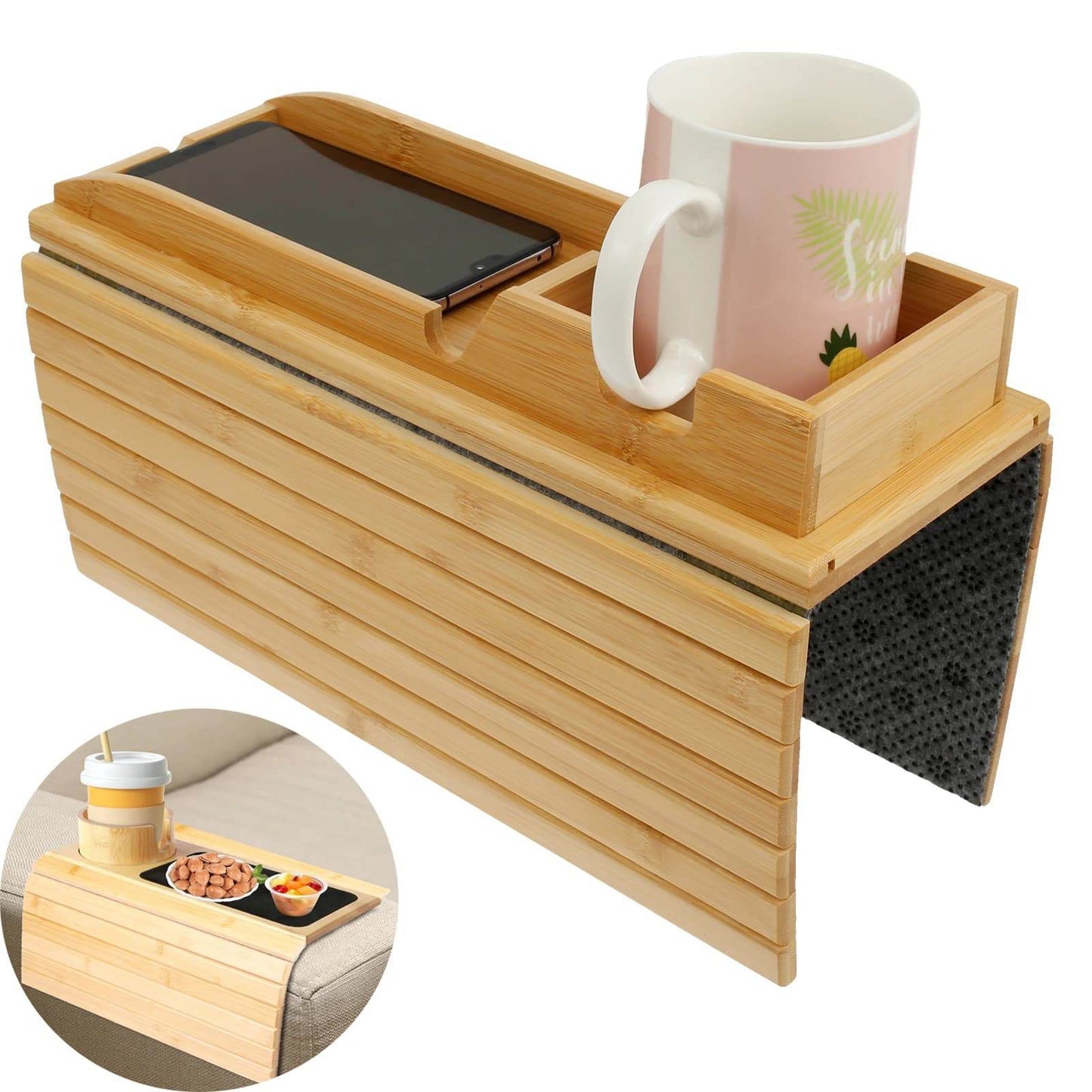 Foldable Wood Couch Cup Holder Tray for Sofa Armrest Drinks