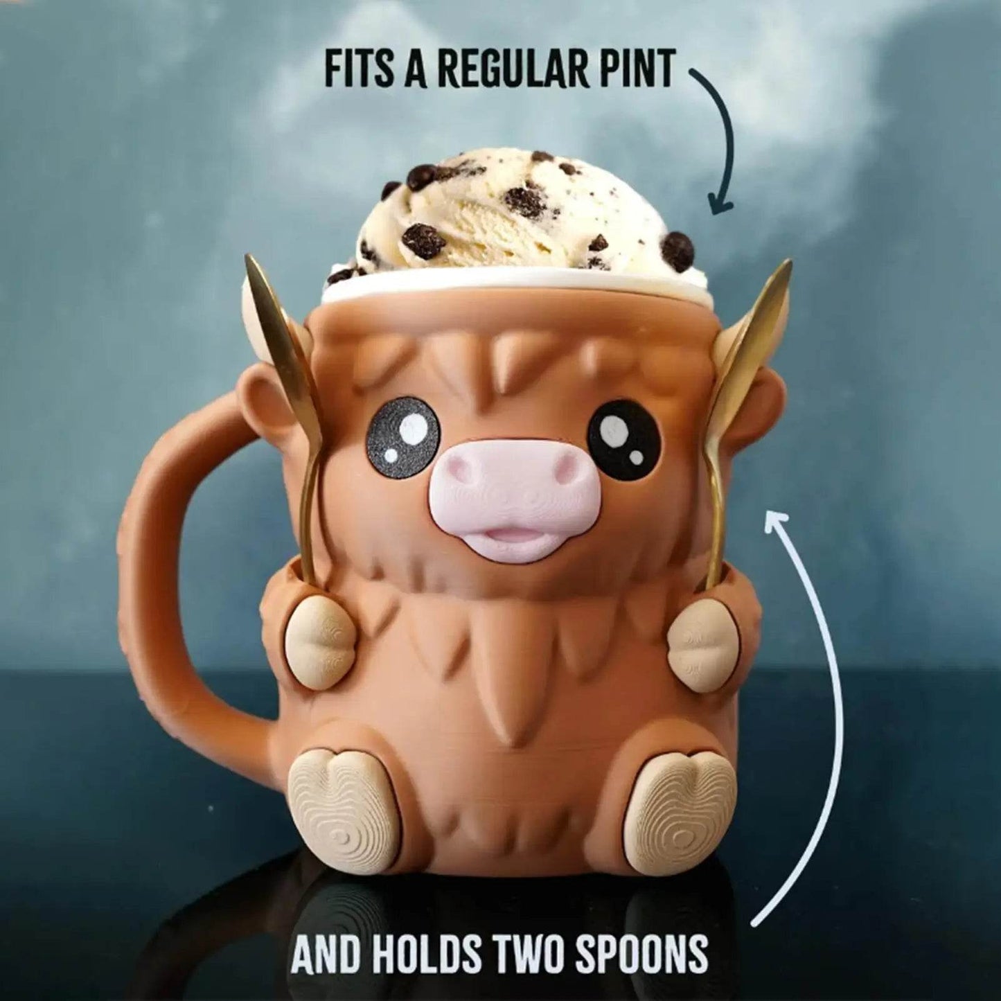 Ice Cream Pint Holder – Highland Cow Dessert Tub with Antifreeze Handle for Yogurt, Mixes & Kids Treats