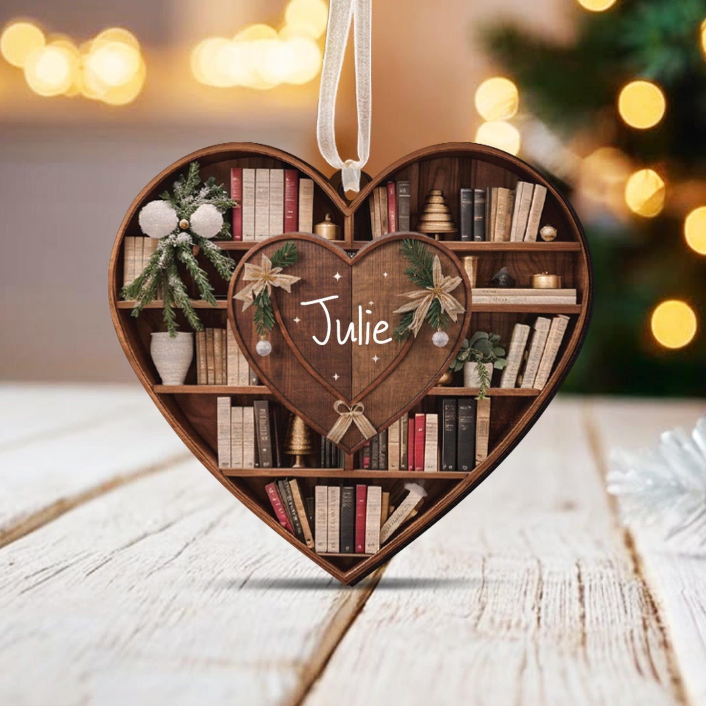 Bookshelf Heart Christmas - Personalized Wood Ornament - Christmas Gift For Book Lovers, Librarian