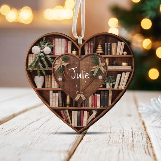 Bookshelf Heart Christmas - Personalized Wood Ornament - Christmas Gift For Book Lovers, Librarian