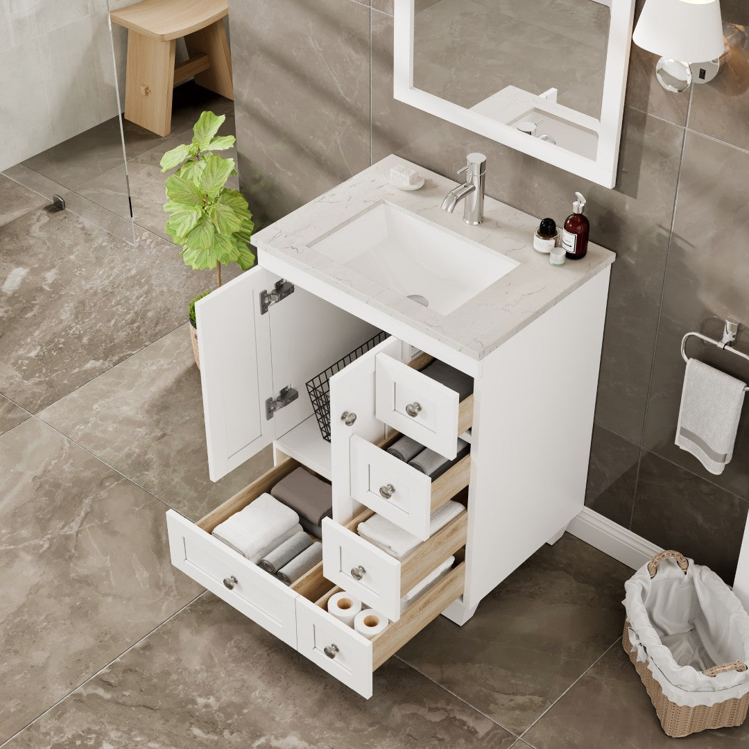Eviva Happy Bath Vanity with Carrara Quartz Top and Undermount Porcelain Sink (24"-30")