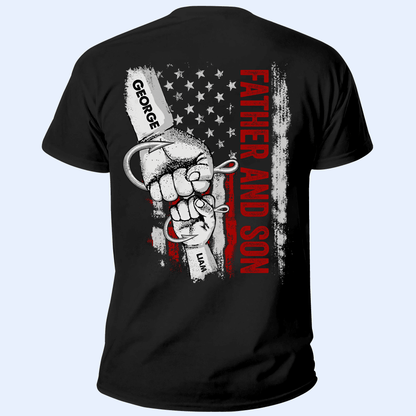 We Hooked The Best Dad Raised Fist Bump - Personalized Custom Back Printed Fishing T Shirt - Father's Day Funny Gift for Dad, Grandpa, Daddy, Dada, Husband, Dad Jokes, Reel Cool Dad