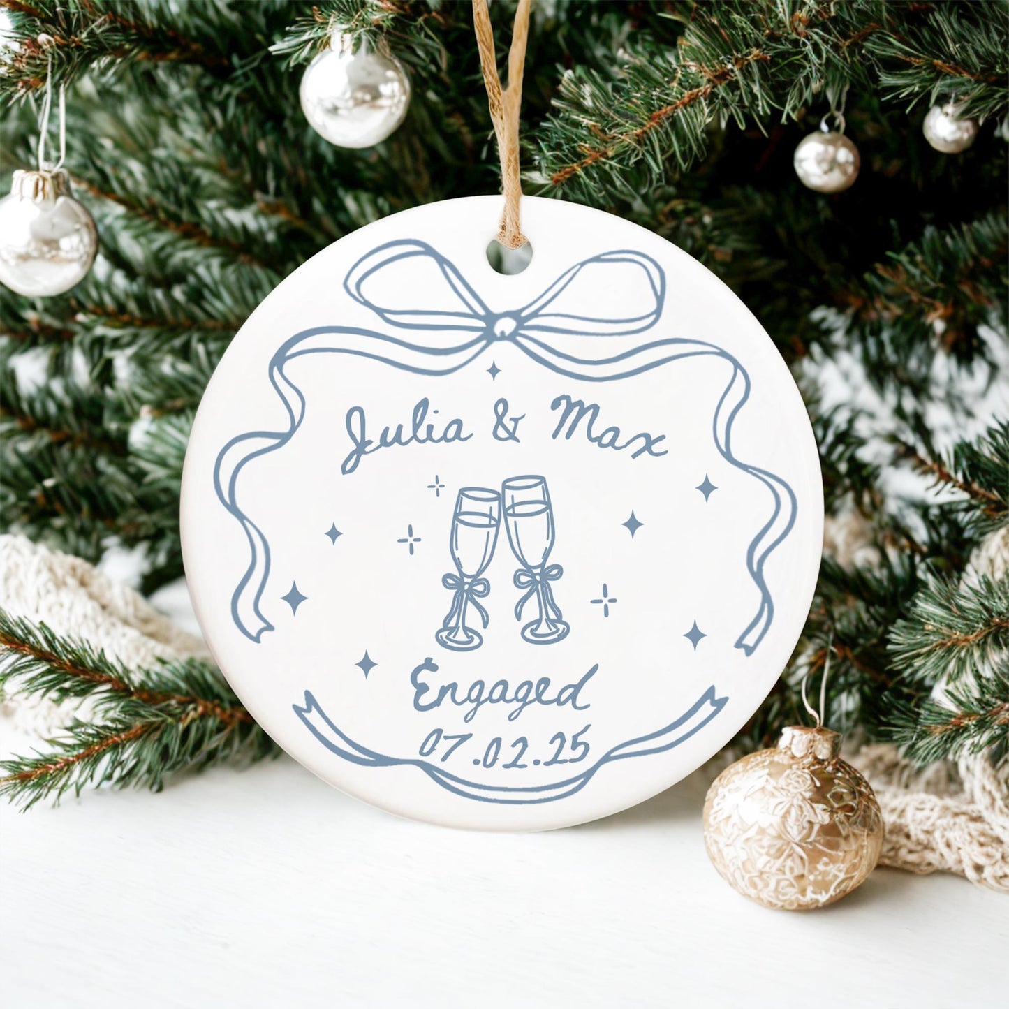 Engagement Couple - Personalized Ceramic Ornament - Christmas Gift for Her/Him, Husband/Wife, Couples